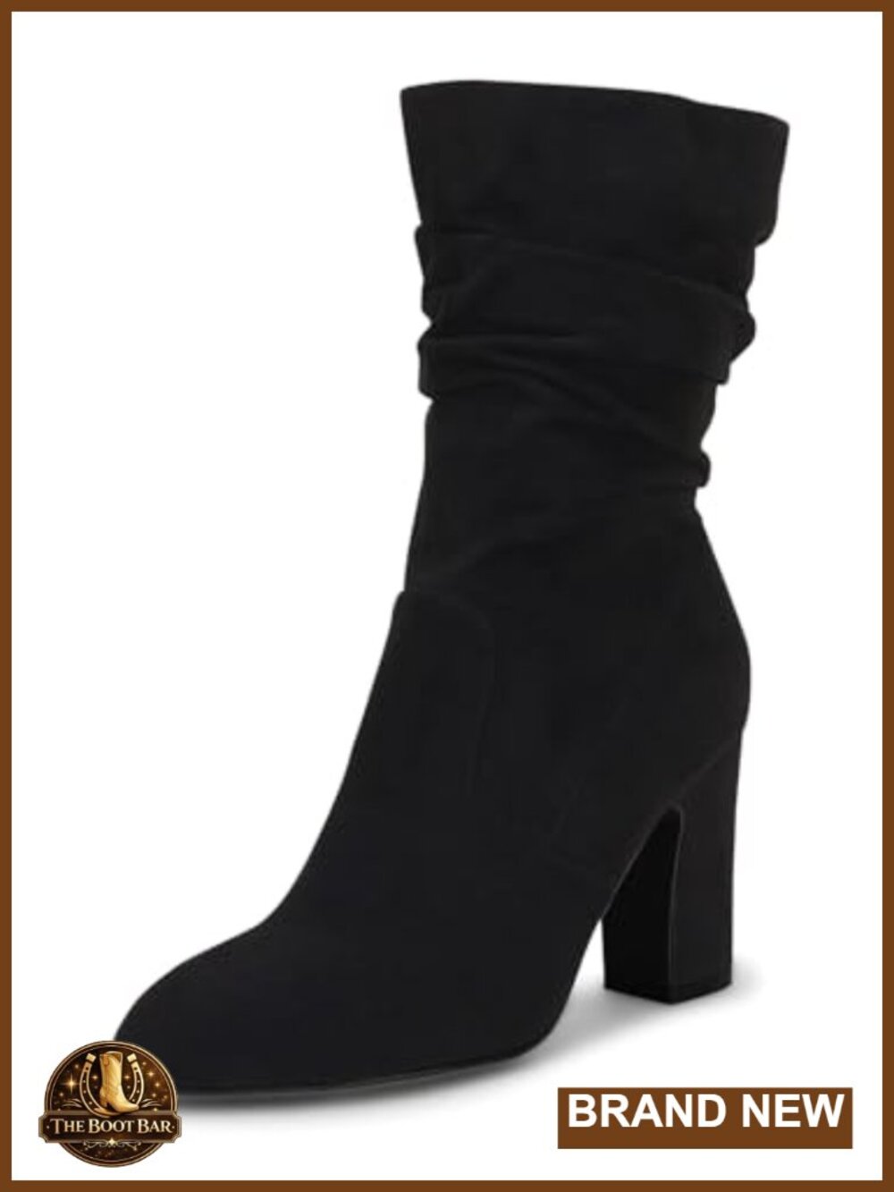 Mid Calf Slouchy Boots Suede High Heel Zip Stacked Chunky Block Round Toe